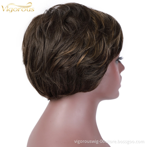 Vigorous Wholesale Cheap Pixie Cut Wigs for Black Women Short Synthetic Hair Heat Resistant Side Part Wig Highlight Natural Wave